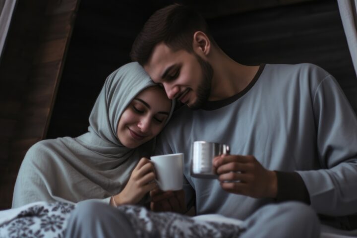رجل يبدو بصحة جيدة يتناول وجبة متوسطية غنية بالخضروات وزيت الزيتون، بينما تجلس شريكته بجانبه مبتسمة على مائدة رومانسية مضاءة بنور خافت، في مشهد يعكس العلاقة بين النظام الغذائي والصحة الجنسية، مع تلميح للثقة والارتياح في العلاقة الحميمة.